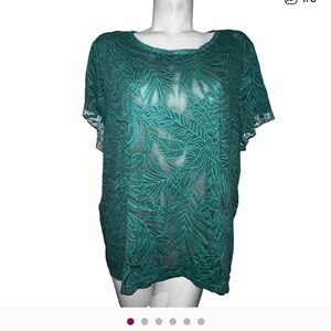 Junarose Kelly Green/Teal Floral Semi- Sheer Blouse